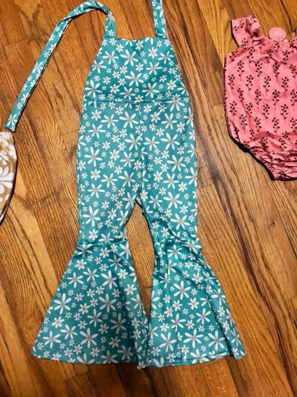 Girls Teal Floral Bell-Bottom Overalls - Kids Matching Set